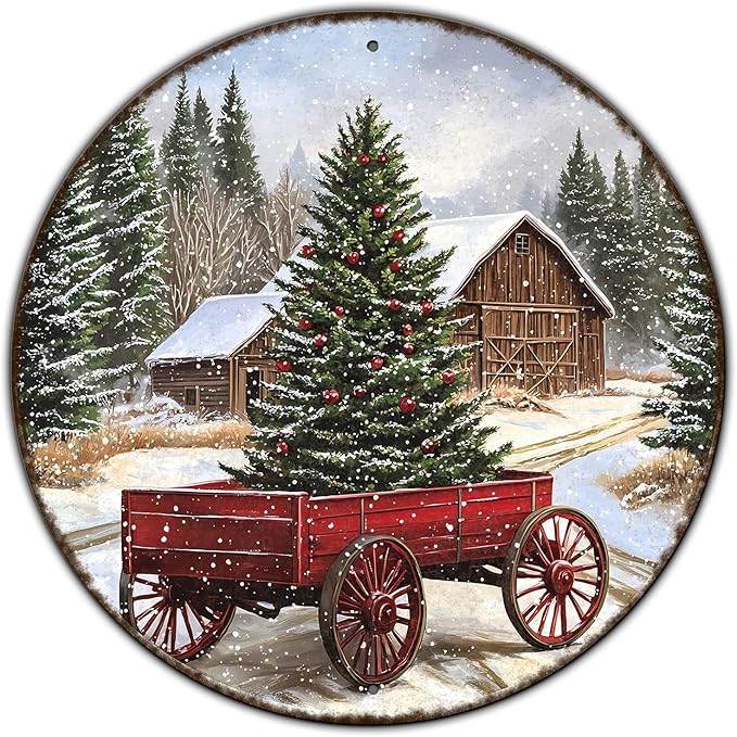 Round Barn Christmas Trees Metal Tin Sign Christmas Vintage Tin Sign Poster by GJXFTPTTBD