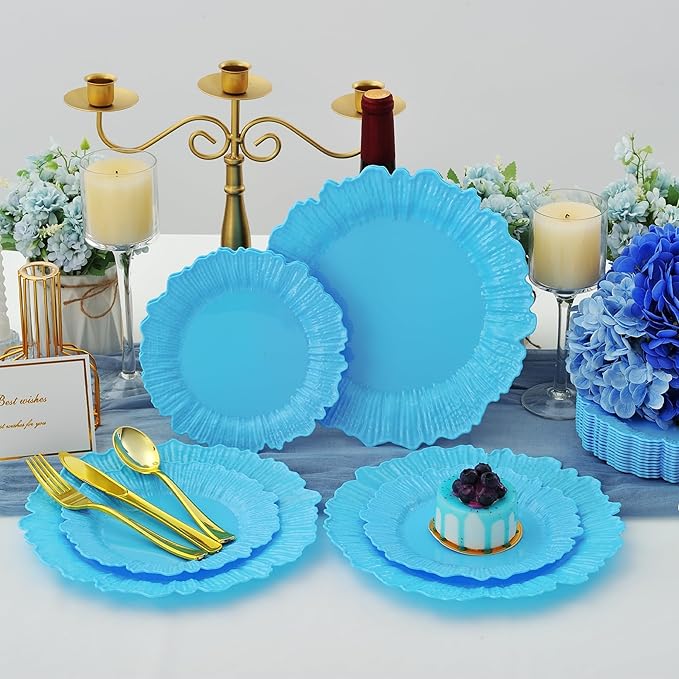 50 Pcs Blue Floral Plastic Plates, Fancy Disposable Plate, Heavy Duty Plastic by ISFANGCO