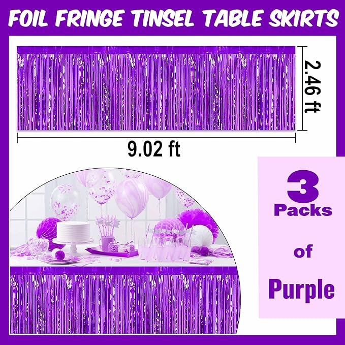 3 Pack 29 x108 Inch Purple Foil Fringe Table Skirts Metallic Banner - Image 3