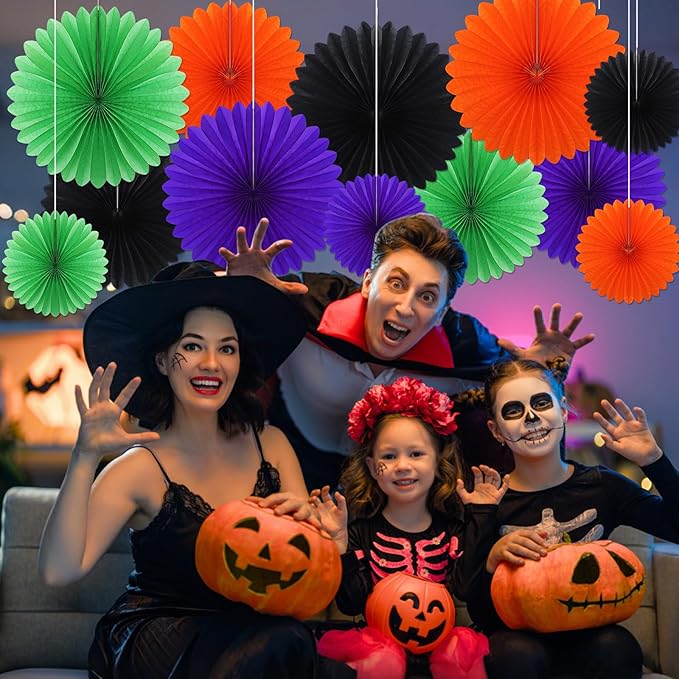 MotiMind 24 Pcs Halloween Paper Fans Party Decorations Black Orange Purple - Image 6