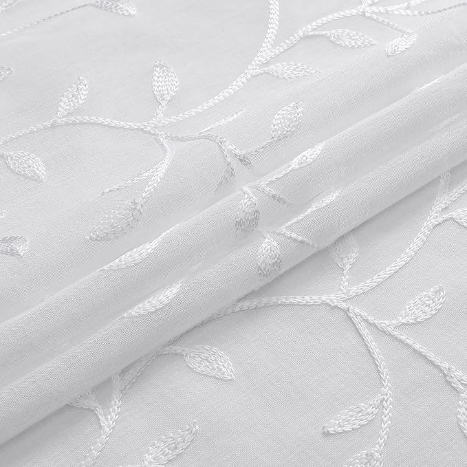 VISIONTEX White Sheer Voile Curtains, Decorative Beige Leaves Embroidery Faux - Image 4