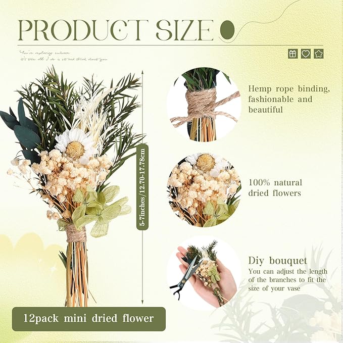 Layhit 12 Pack Boho Dried Flower Bouquet Mini Wedding Handmade Dry Flowers Decor - Image 2