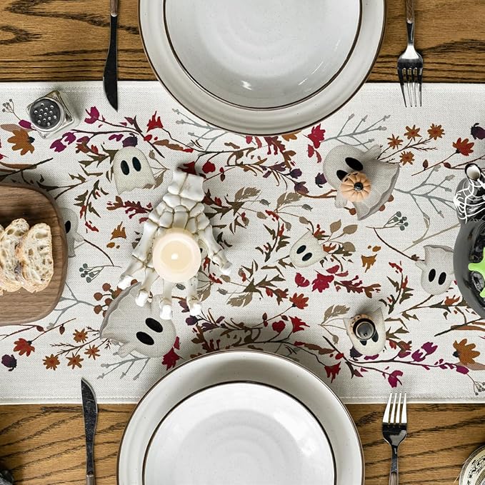 Artoid Mode Ghost Flowers Leaves 210 GSM Halloween Table Runner, Seasonal Fall - Image 3