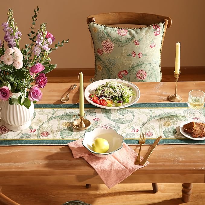 patdrea Designer Green Floral Table Runner, French Elegant Vibrant Rustic Linen - Image 6