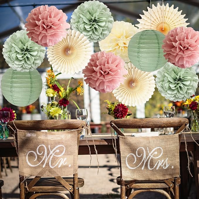 Dusty Pink and Sage Green Party Decorations Dusty Rose Sage Green Tissue Pom - Image 3