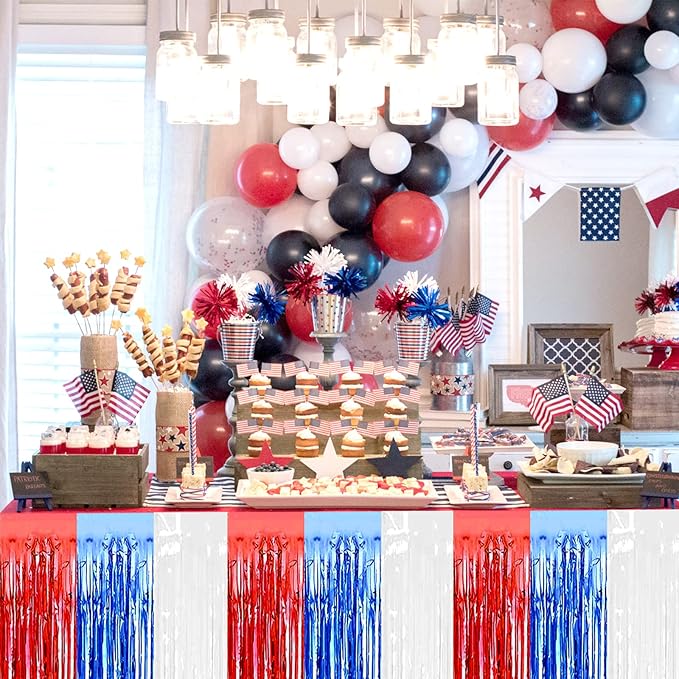 6 Pack 29x108 Inch Red Blue White Metallic Foil Fringe Tinsel Table Skirts - Image 4