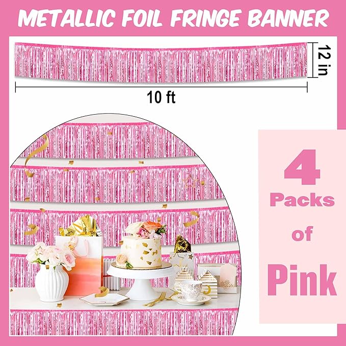 4 Pack 10 Ft Pink Foil Fringe Garland Metallic Streamers Tinsel Banner Wall - Image 2