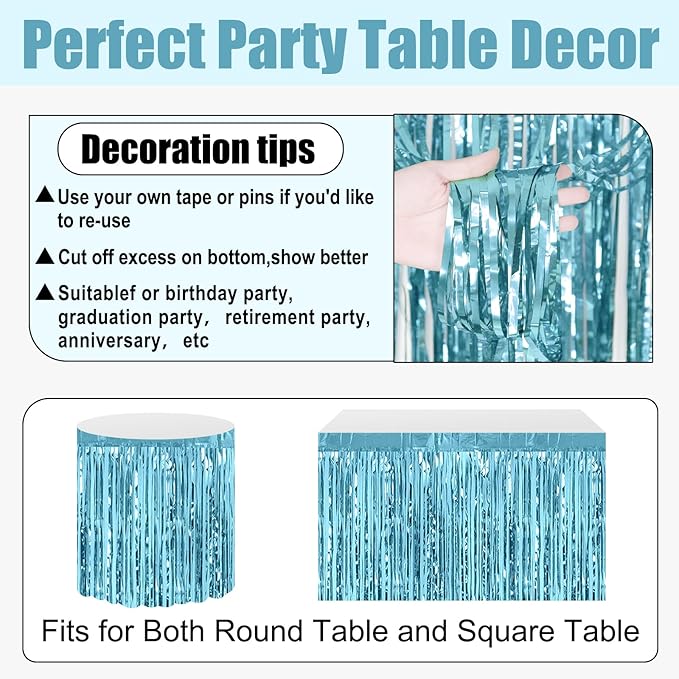 3 Pack 29x108 Inch Light Blue Foil Fringe Table Skirts Metallic Banner - Image 3