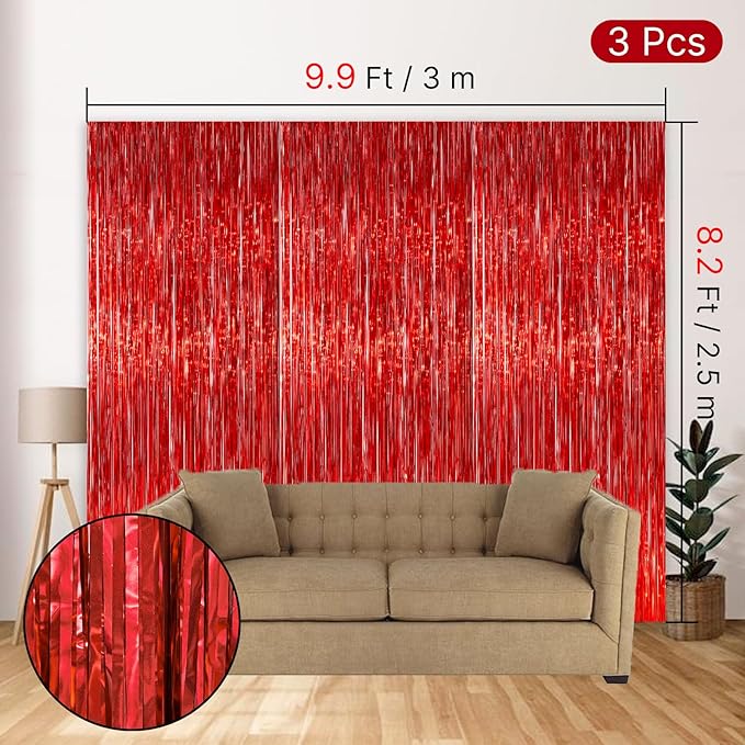 PartyWoo Red Streamers Fringe Curtain Backdrop 3 pcs 8.2 ft Tinsel Foil Backdrop - Image 4
