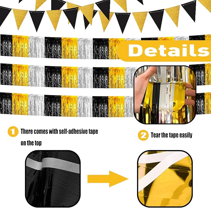 6 Pack 10 Feet Black Gold Silver Foil Fringe Garland Metallic Tinsel Streamers - Image 3