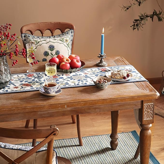patdrea Designer Blue Cottage Rustic Floral Patterned Linen Table Runner 71 - Image 7
