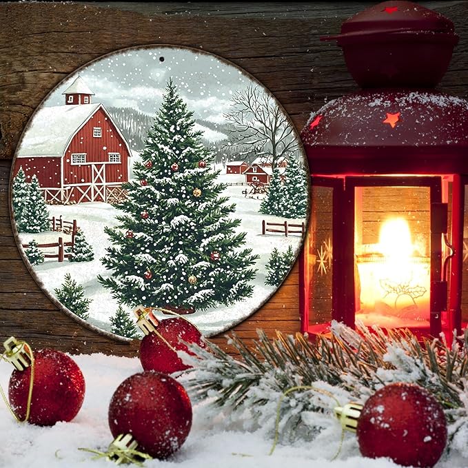 Round Christmas Trees Barn Metal Tin Sign Christmas Vintage Tin Sign - Image 5