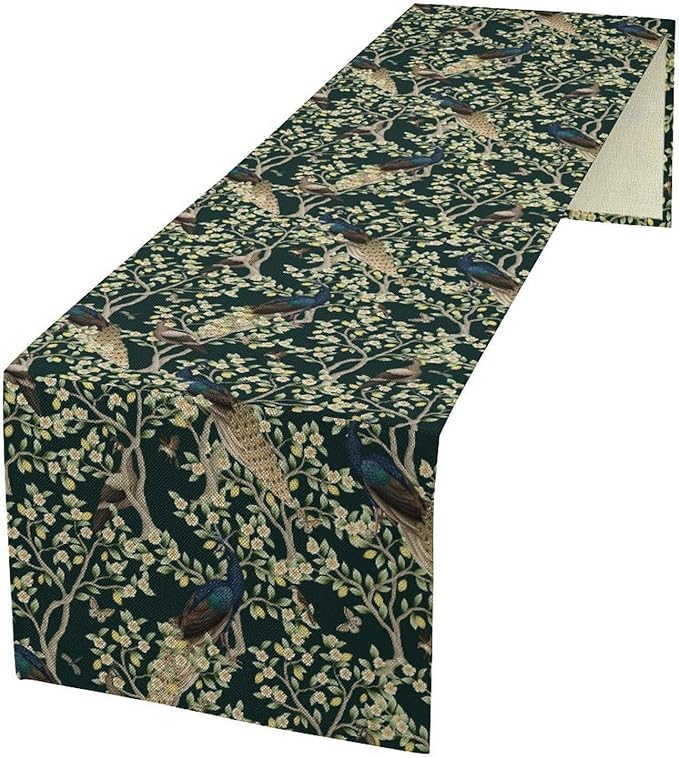 Peacock Table Runner, Retro Floral Plants Peacock Table Runner by Unknown