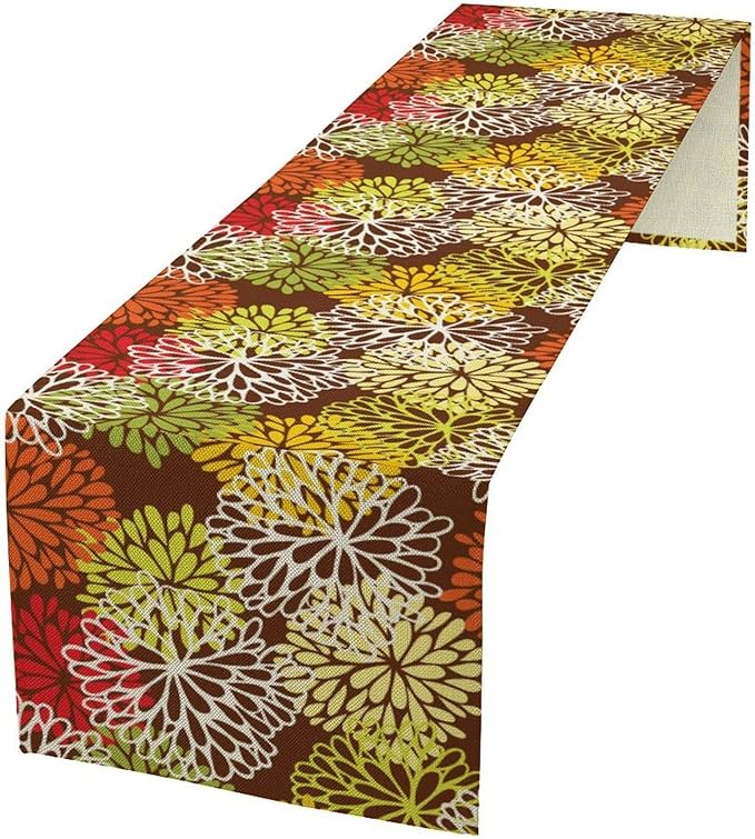 Brown Dahlia Floral Table Runner, Seasonal Autumn Thanksgiving Pattern Print - Image 2