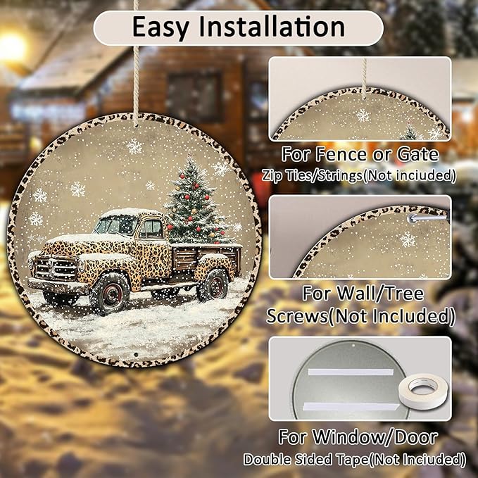 Round Leopard Truck Metal Tin Sign Rustic Wall Decor Christmas Wreath Sign - Image 3