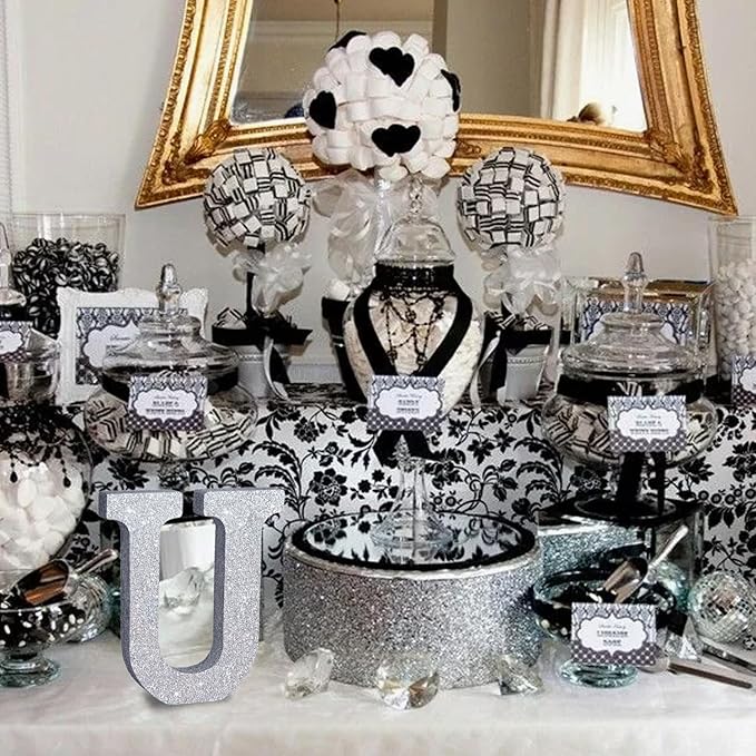 TONIFUL 8 Inch Silver Glitter Letter U Table Centerpiece A-Z Silver Birthday - Image 6
