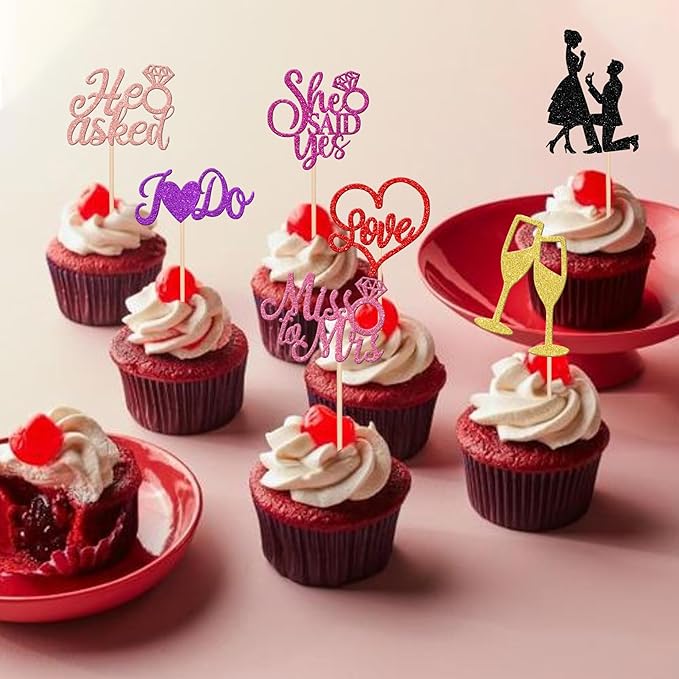 30 PCS Bride to Be Cupcake Toppers Glitter Miss to Mrs I Do Love Heart Ring - Image 5