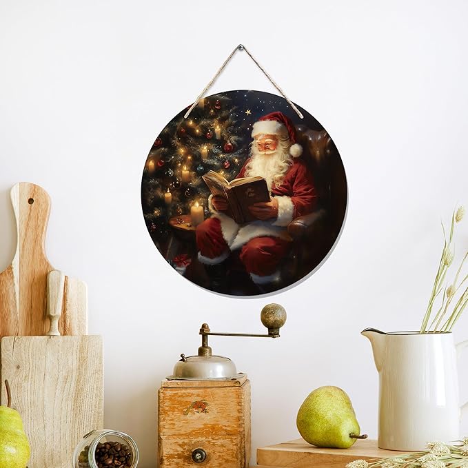 CGBHW Christmas Santa Wooden Sign, Rustic Xmas Santa Bookish Hanging Sign Wall - Image 3
