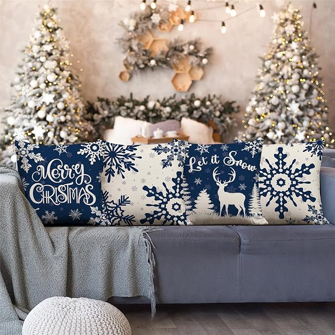 Christmas Pillow Covers 18x18 Blue Christmas Decorations Snowflake Reindeer - Image 5