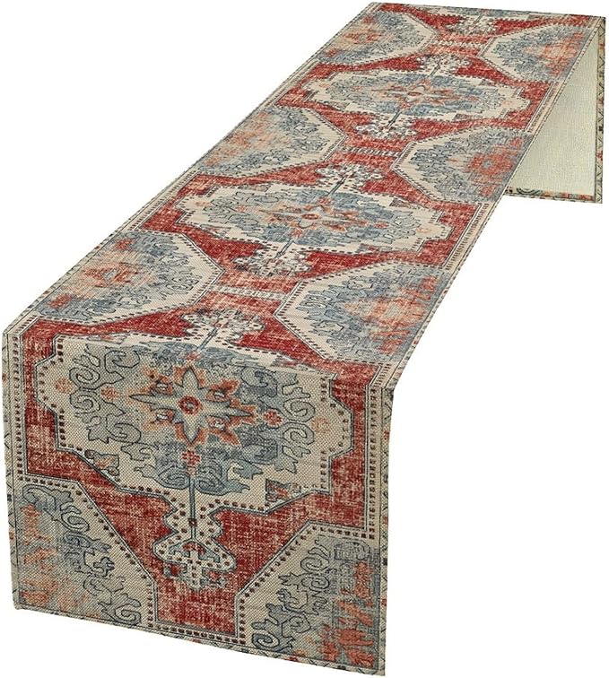 Boho Floral Vintage Table Runner, Retro Blue Red Flower Rustic Country by Unknown