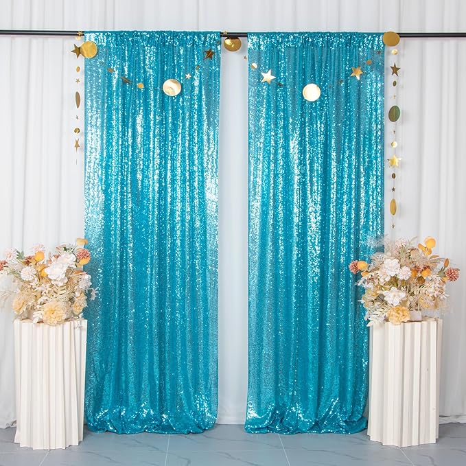 ShinyBeauty Turquoise Curtains 8 Panels, Glitter Photograph Backdrops, Birthday - Image 3