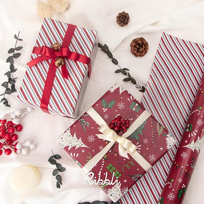 Ribbli Christmas Wrapping Paper Reversible Christmas Tree and Red Green Stripe - Image 4