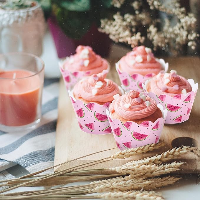 Whaline 36Pcs Watermelon Cupcake Wrappers Watercolor Pink Watermelon Cupcake - Image 3