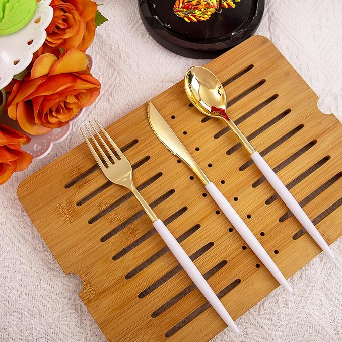 Rubtlamp 96 Pcs Gold Plastic Silverware, Cutlery Set Disposable Includes: 32 - Image 7