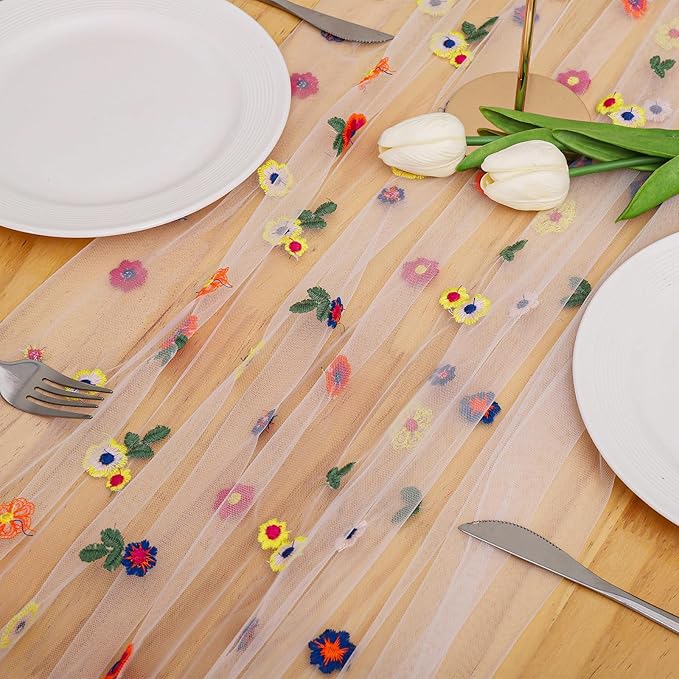 BINBE 6pcs Ivory Daisy Fall Table Runner Embroidery Gauze 10FT Florals Seasonal - Image 4