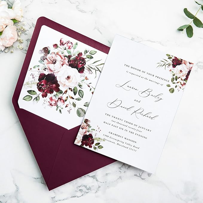 PONATIA 50PCS A7 Euro Flap Envelopes, 5.25 x 7.25'' Burgundy Flowers Liner - Image 5