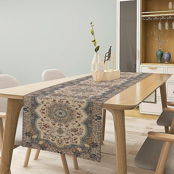 Boho Bohemia Style Table Runner, Vintage Blue Teal Gold Retro Flower Rustic - Image 3