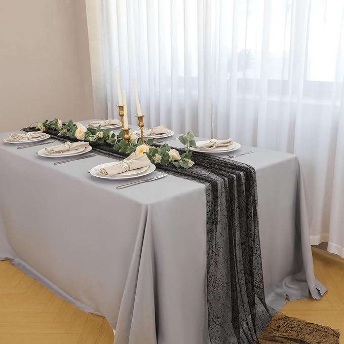 Snowkingdom Black Table Runner, 10FT Sheer Tulle Cheesecloth Gauze Metallic - Image 2