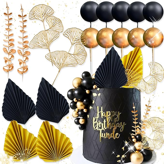 Boho Cake Topper Black Gold Ball Cake Top Man Cake Decorations Roar 1920s Cake - Image 7