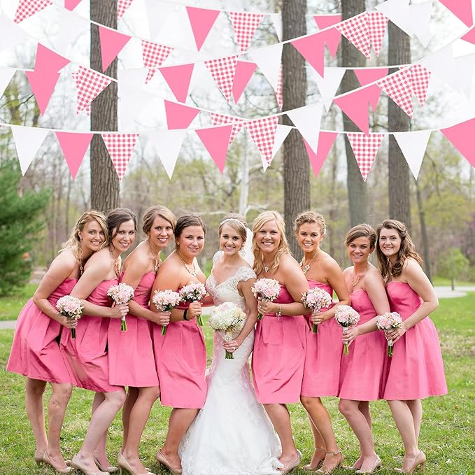32Ft Hot Pink Plaid Checkered Pennant Banner Fabric Gingham Triangle Flag - Image 5
