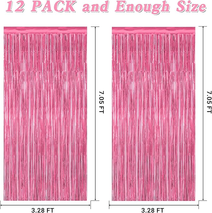 12 Pack Pink Backdrop, 3.28 FT x 7.05 FT Foil Fringe Curtains, Metallic Pink - Image 2