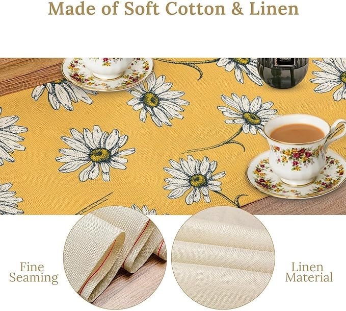 Farmhouse Floral Table Runner, Spring Seasonal Daisy Flower Retro Wooden - Image 5