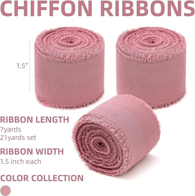 3 Rolls Dusty Rose Handmade Chiffon Ribbon, 1.5" x 21Yd Frayed Fringe Silk - Image 2