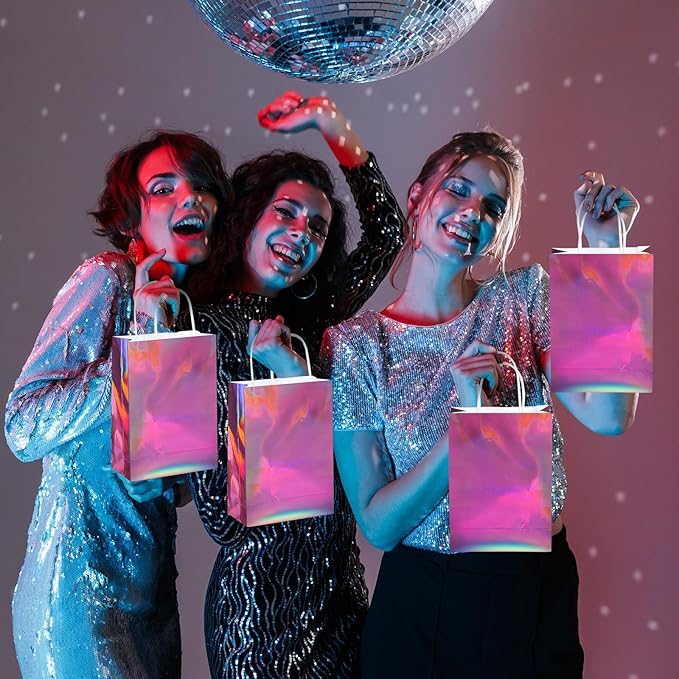 24 Pcs Iridescent Pink Gift Bags Decorations, Holographic Foil Party Favor Bags - Image 7