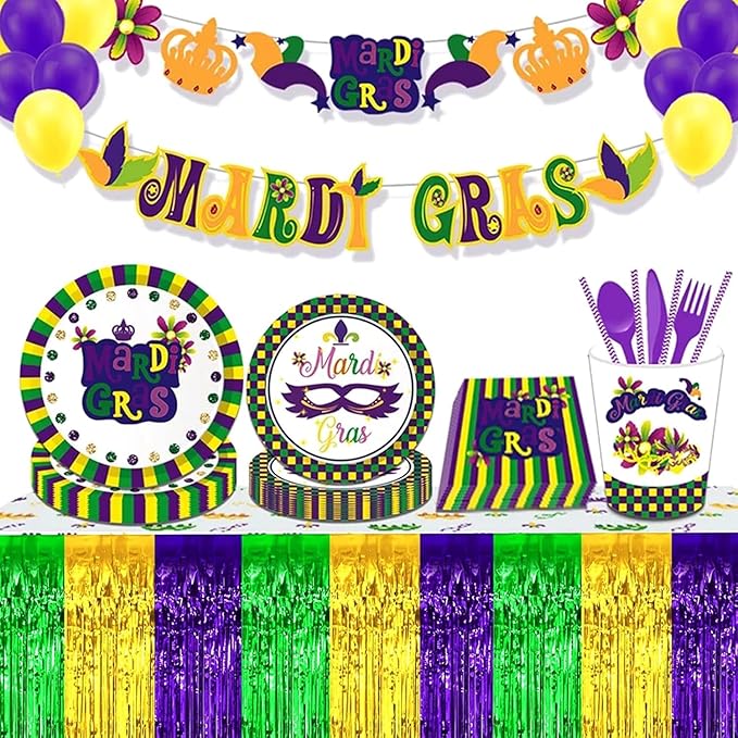 4 Pack 29x108 Inch Mardi Gras Metallic Foil Fringe Tinsel Table Skirts - Image 6