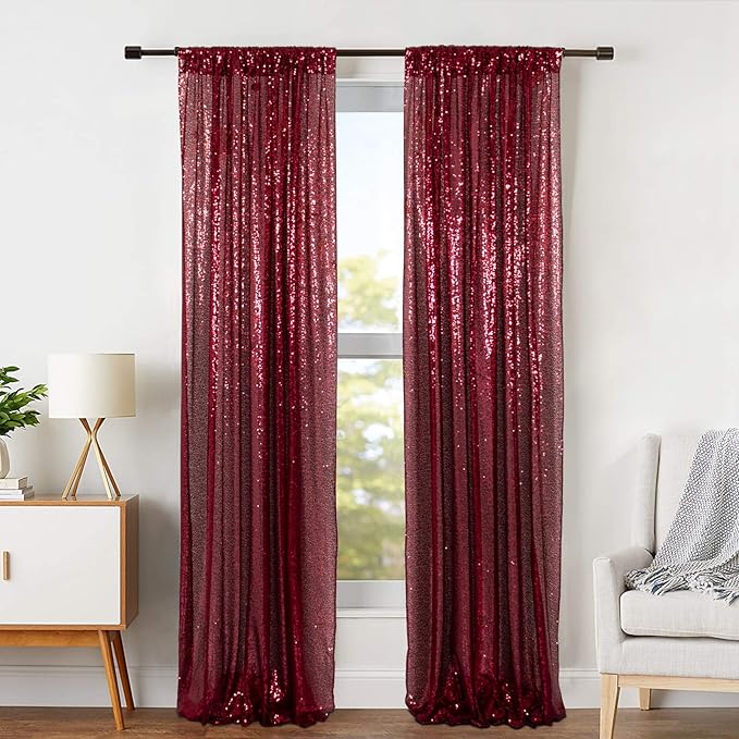 ShinyBeauty Burgundy Sequin Curtain Backdrop 2 Panels 4FTx8FT Photo Curtain - Image 3
