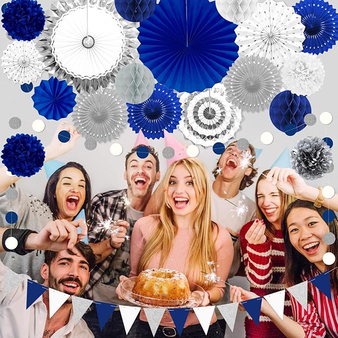Blue and Sliver Party Decorations, Pom Poms Flowers Packs - Image 5