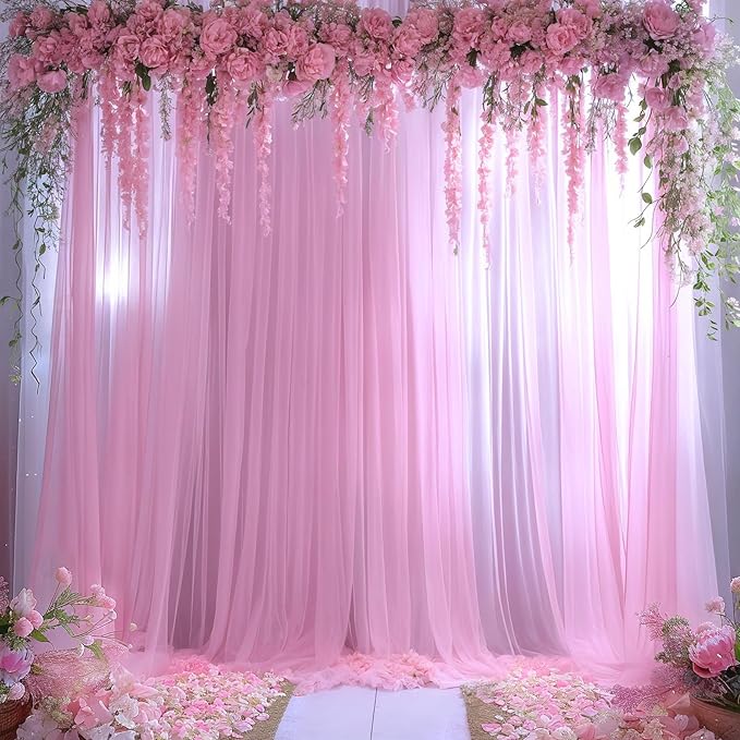 Pink Sheer Backdrop Curtains for Girls Baby Shower Gender Reveal Birthday Party - Image 2