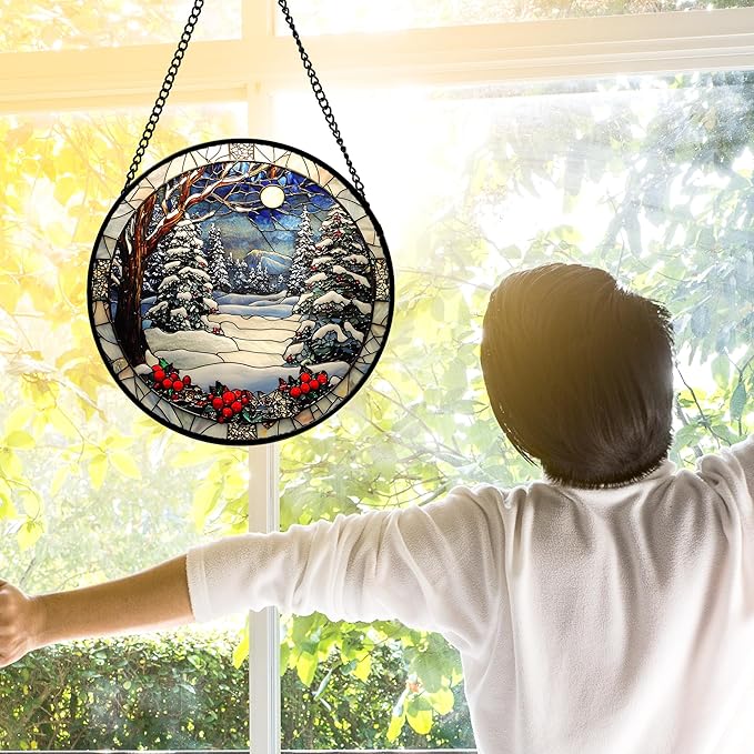 Stained Glass Window Hanging Christmas Tree Winter Snow Night Scenery 6.3" - Image 3