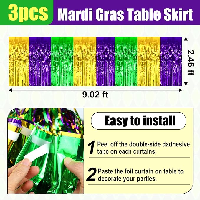 3 Pack 29x108 Inch Gold Green Purple Foil Fringe Table Skirts Metallic Banner - Image 2