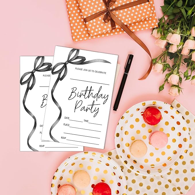 SIXEIGHT Black Bow Birthday Invitations, 20 Party Invitations - Image 4
