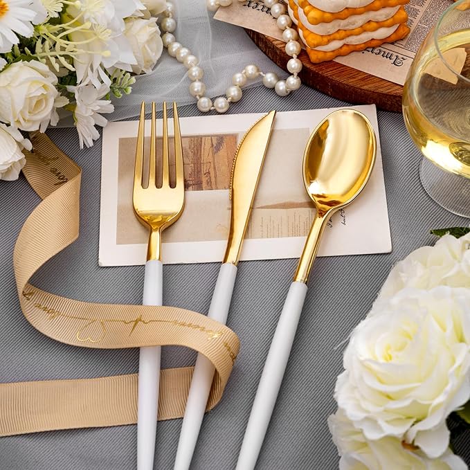 SUT Gold Plastic Silverware, 80 Gold Plastic Forks, 40 Gold Knives, 40 Gold - Image 2