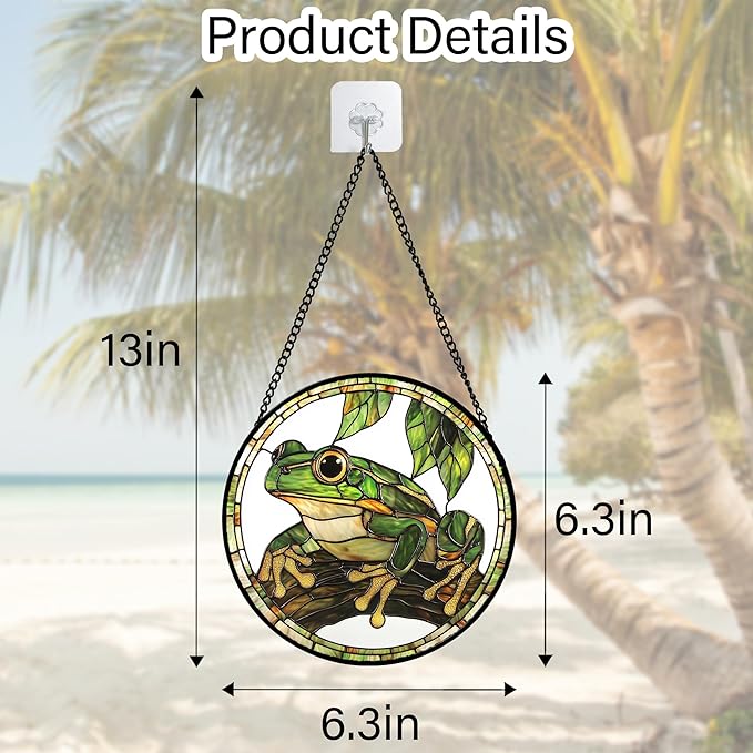 Stained Glass Window Hanging, Frog Green Leaf Sun Catchers Colorful Glass Panel - Image 3