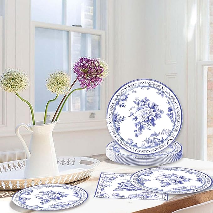 40pcs Blue and White Flower Party Decorations Disposable Blue Floral Plates and - Image 6