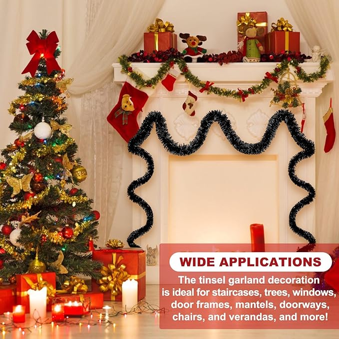 50 Feet Black Christmas Tinsel Garland, Metallic Foil Twist Banner Wall Hanging - Image 3