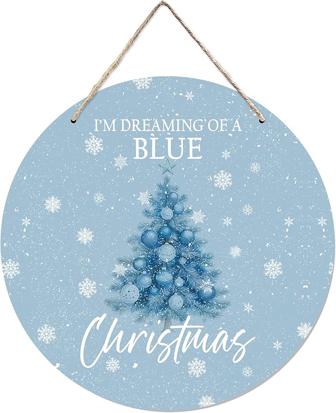 CGBHW Blue Christmas Tree Wooden Sign, Winter Holiday Theme Hanging Sign Wall by CGBHW